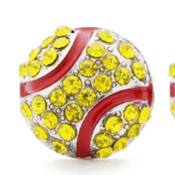 Softball Sports Stud Earrings - Rhinestone Crystal Bling, Athletic Fashion - Picture 2 of 2